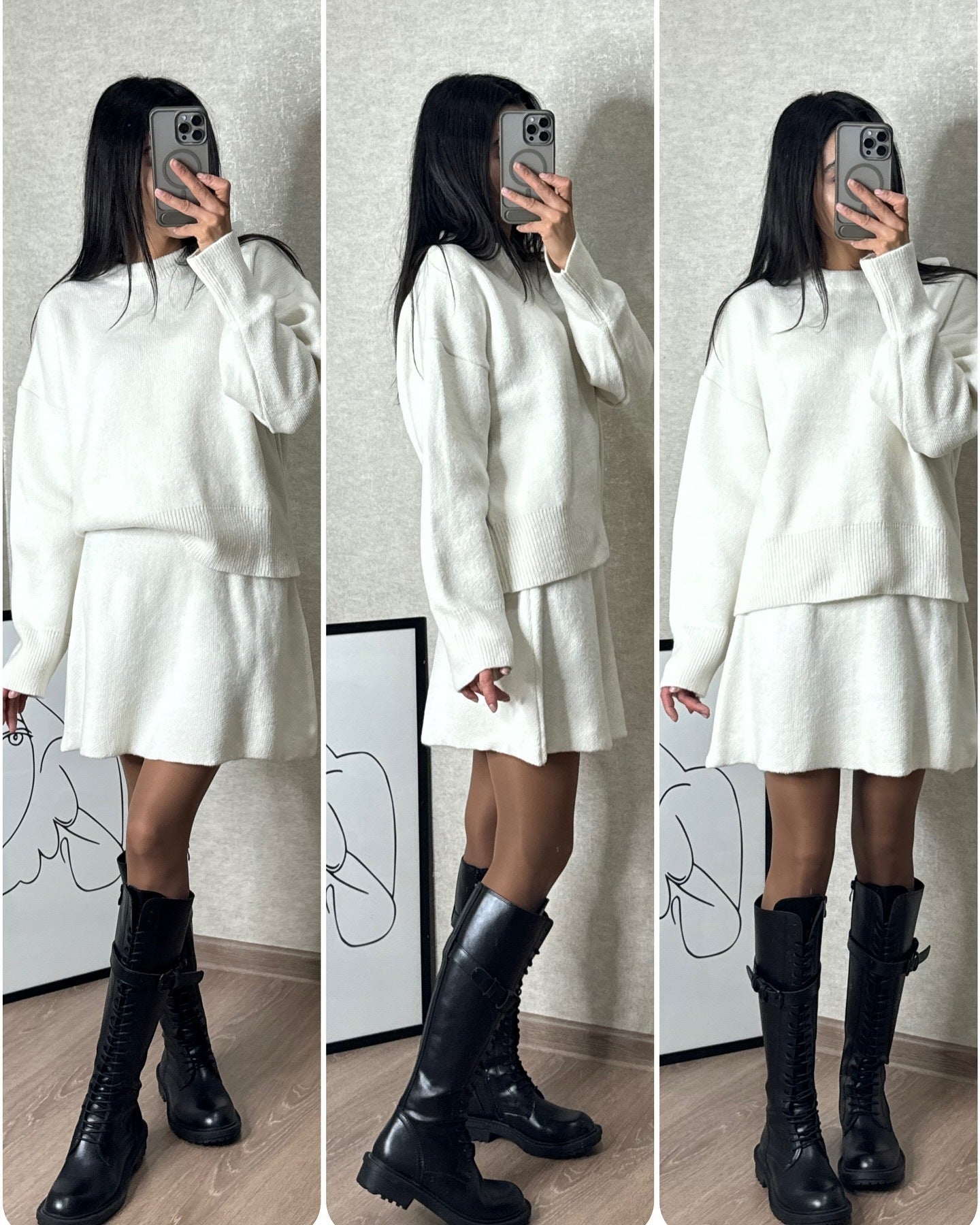 Sweater Skirt Sets For Women 2 Pieces Knit Casual Versatile Long Sleeve Pullover Elegant Solid High Waist Mini Skirt Outfit